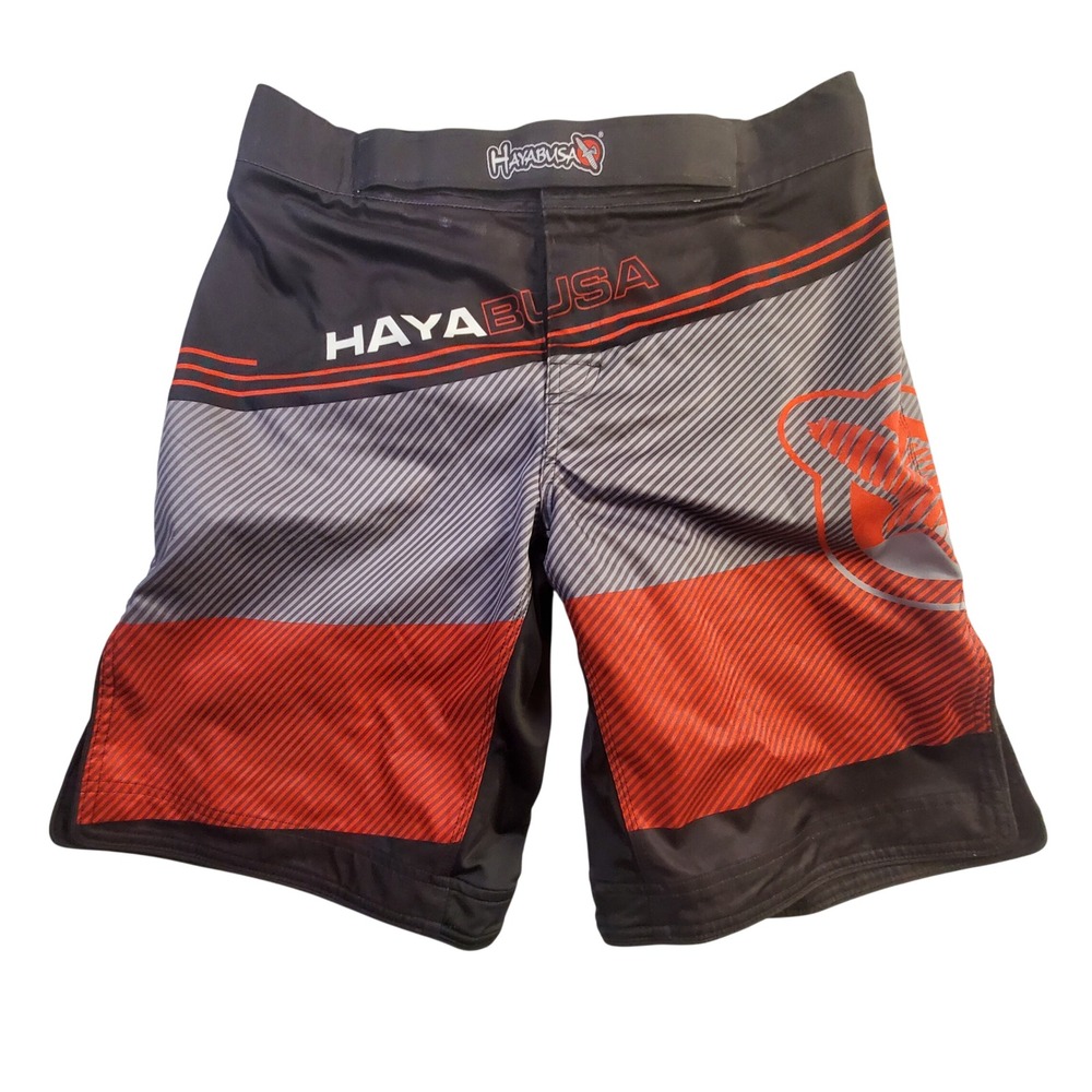 Hayabusa MMA Fight Shorts Mens 34 Black Red Grey Striped Grappling Board Shorts